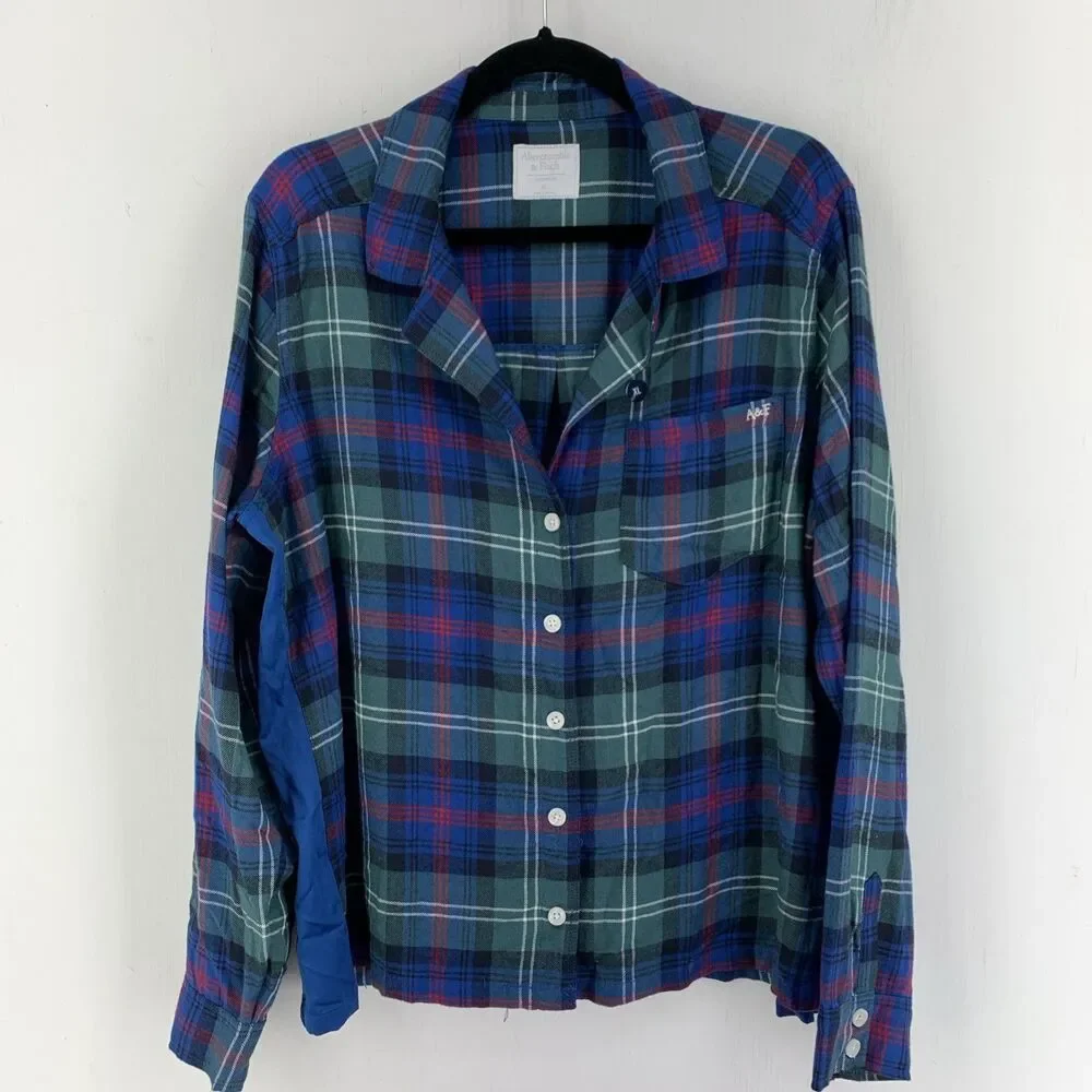 Abercrombie & Fitch Womans‎ XL Sleepwear Top Flannel Plaid Button Up Side Panel